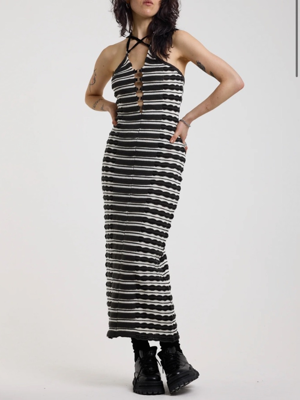 Black & White Striped Halter Maxi Dress